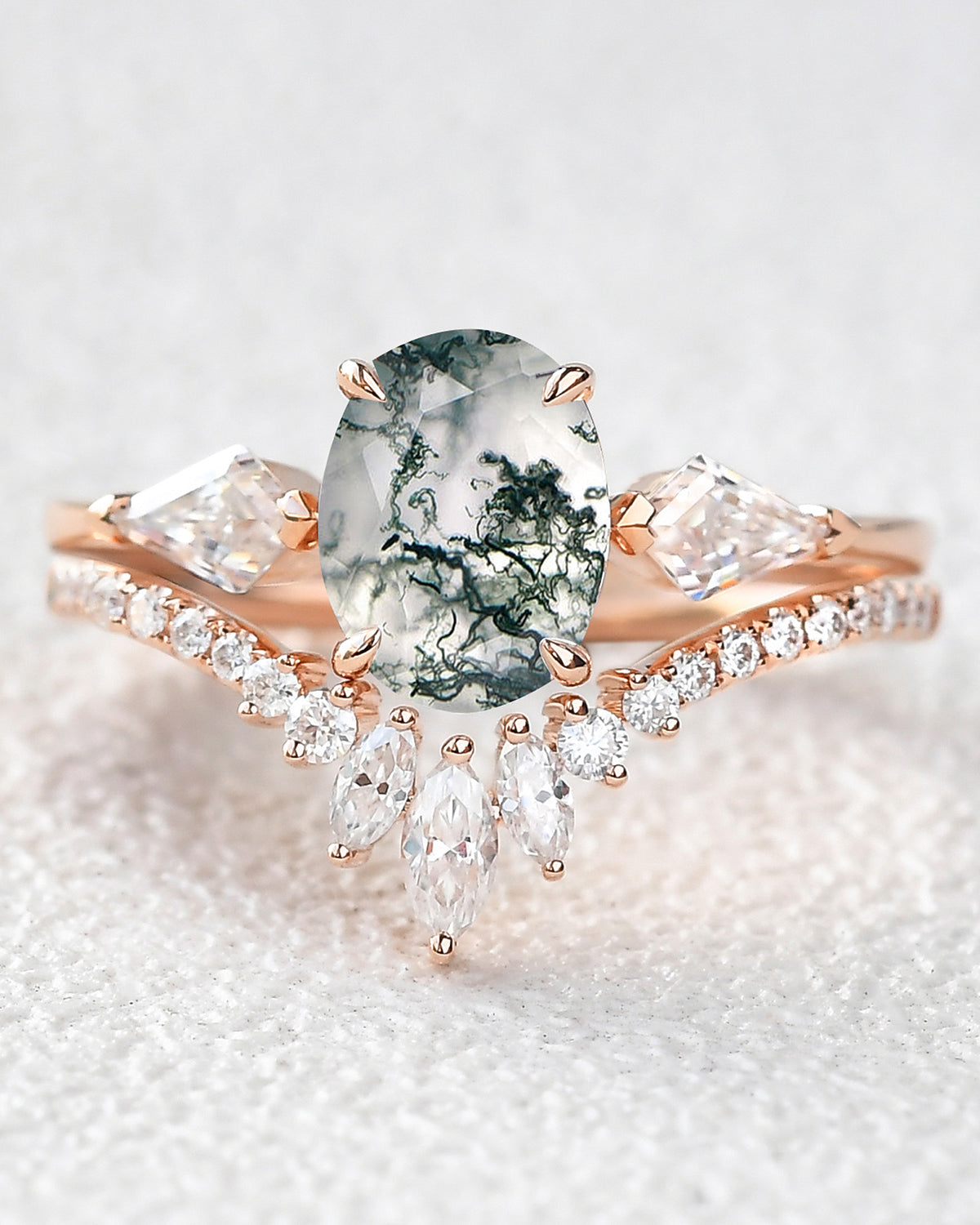 1.5ct Oval Moss Agate Kite Three Stones Engagement Ring Set 2pcs