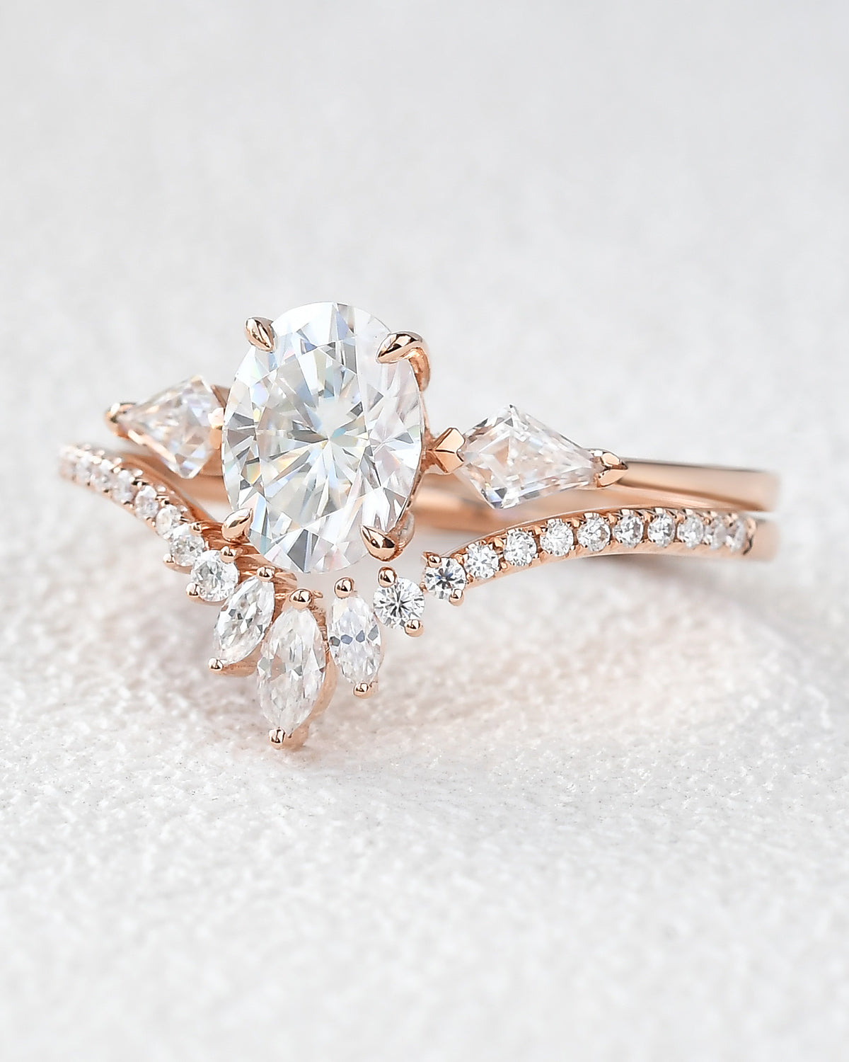 1.5ct Oval Moissanite Kite Three Stones Engagement Ring Set 2pcs