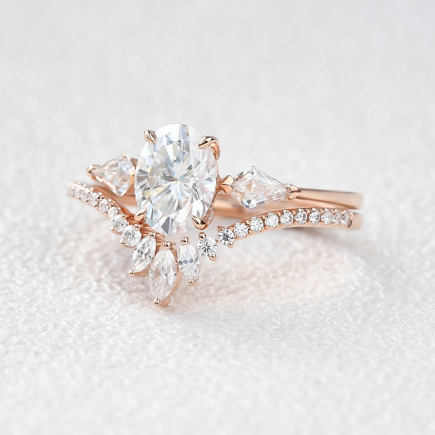 1.5ct Oval Moissanite Kite Three Stones Engagement Ring Set 2pcs