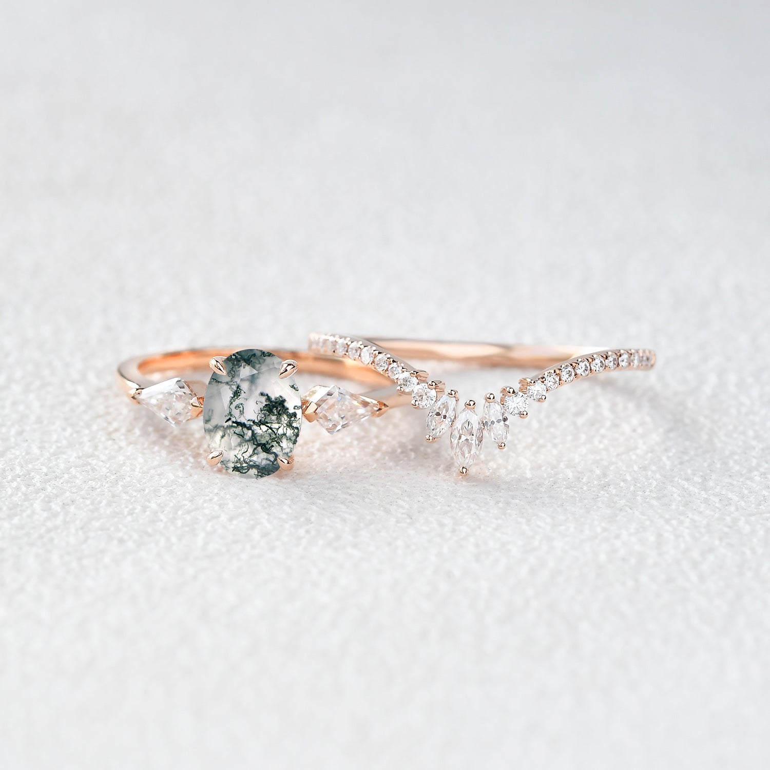 1.5ct Oval Moss Agate Kite Three Stones Engagement Ring Set 2pcs