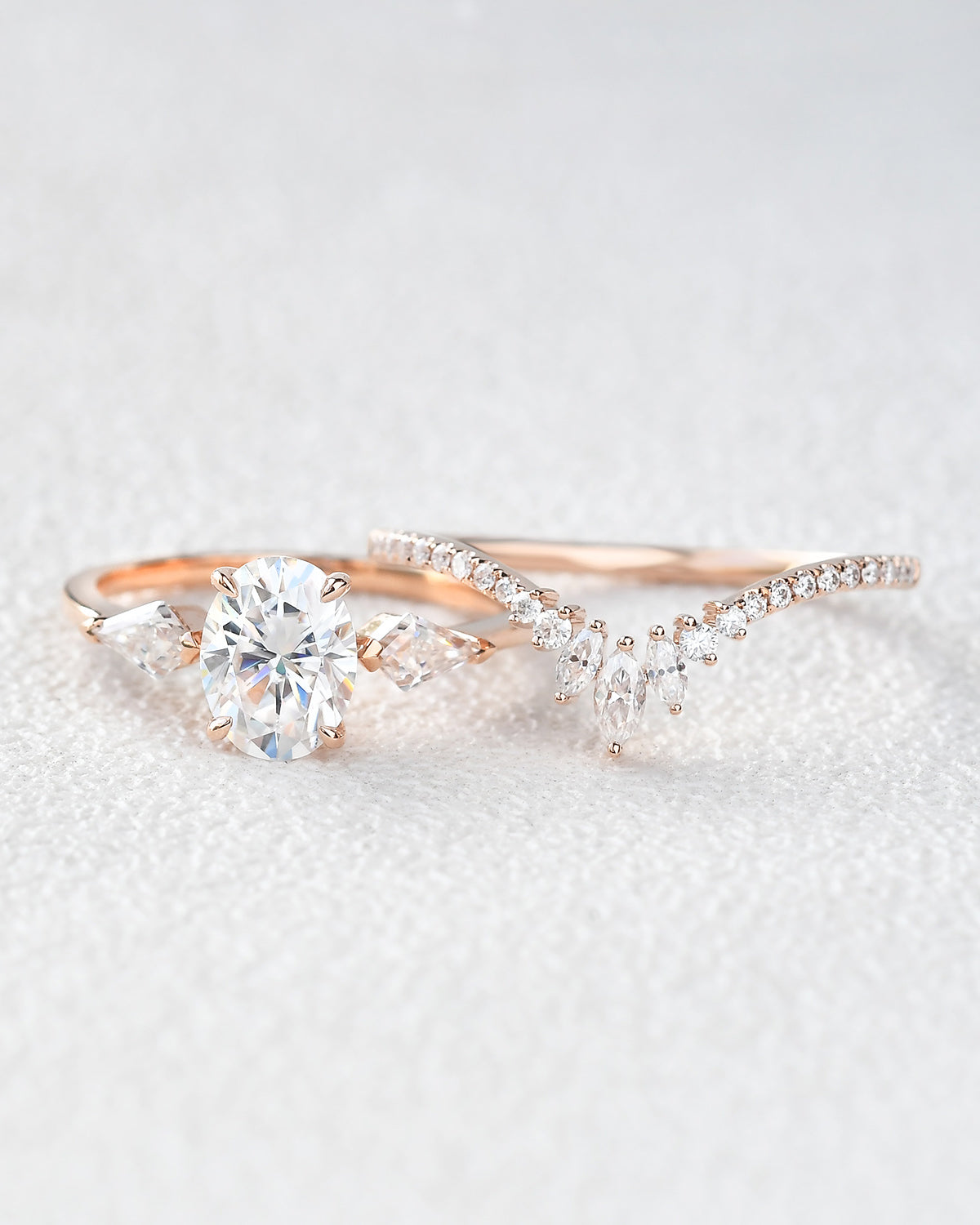 1.5ct Oval Moissanite Kite Three Stones Engagement Ring Set 2pcs