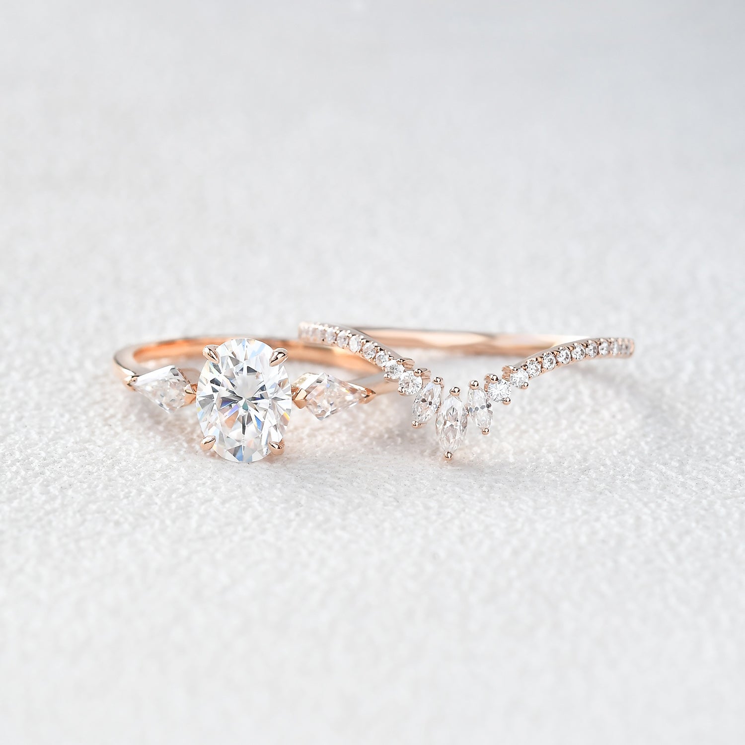 1.5ct Oval Moissanite Kite Three Stones Engagement Ring Set 2pcs