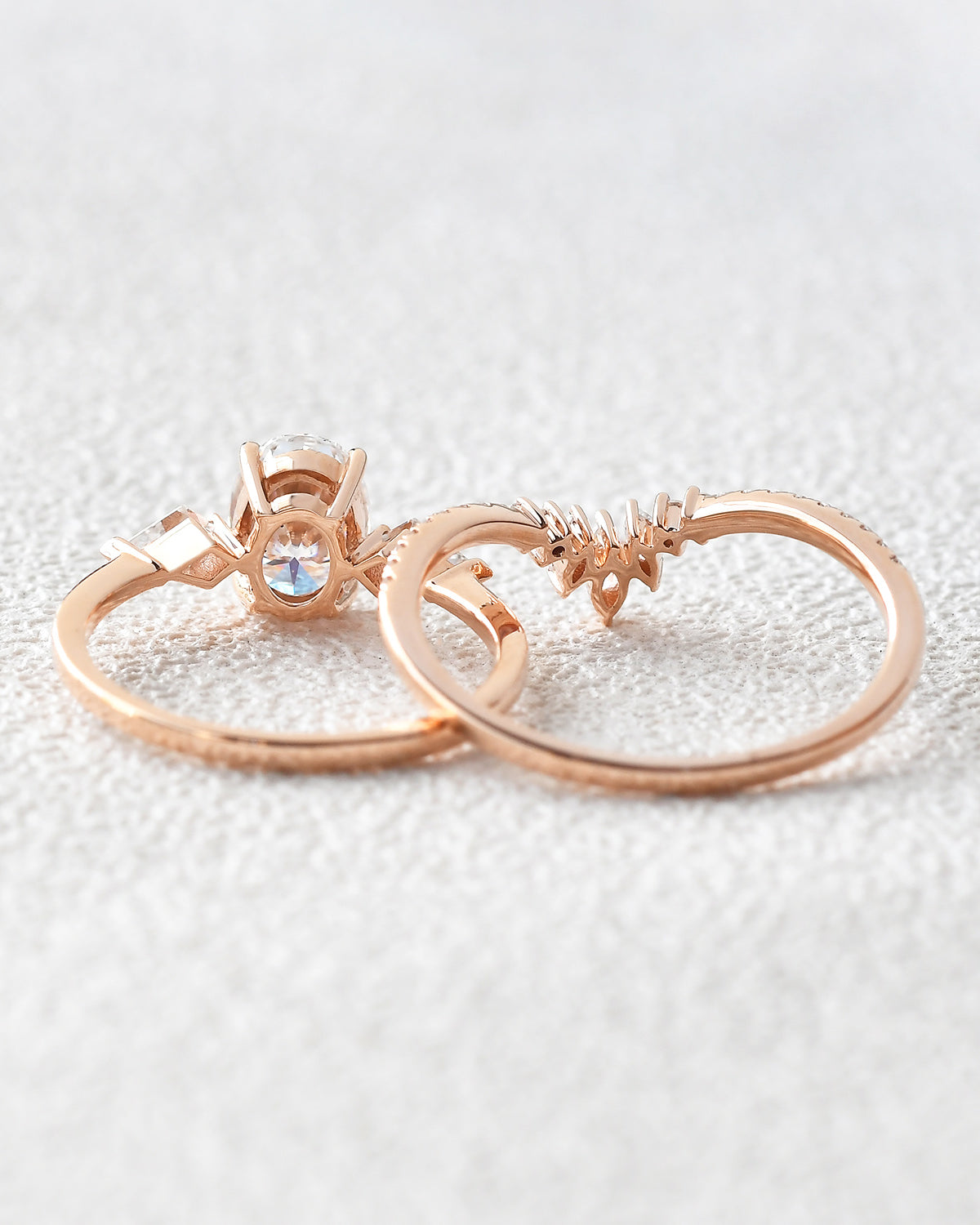 1.5ct Oval Moissanite Kite Three Stones Engagement Ring Set 2pcs