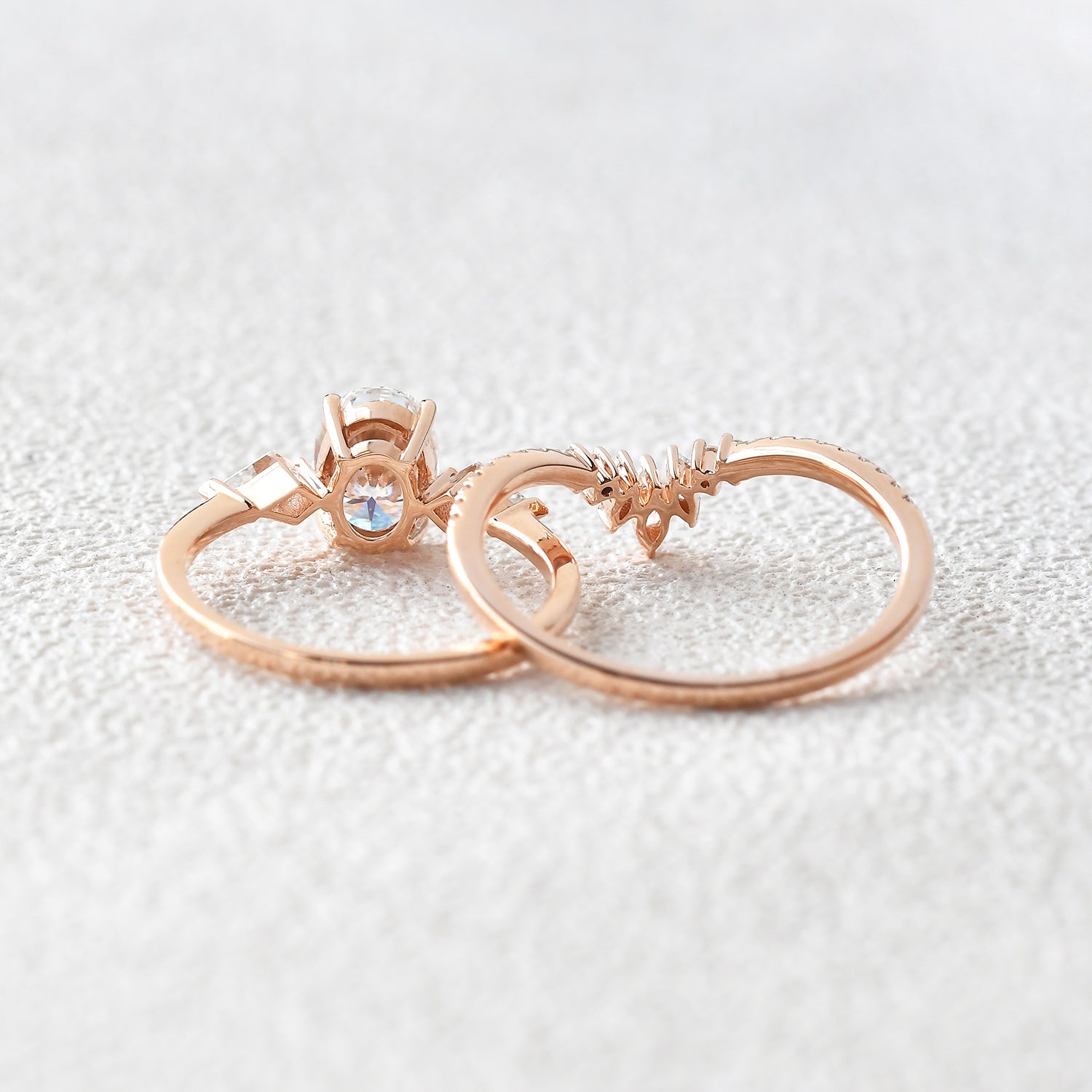 1.5ct Oval Moissanite Kite Three Stones Engagement Ring Set 2pcs