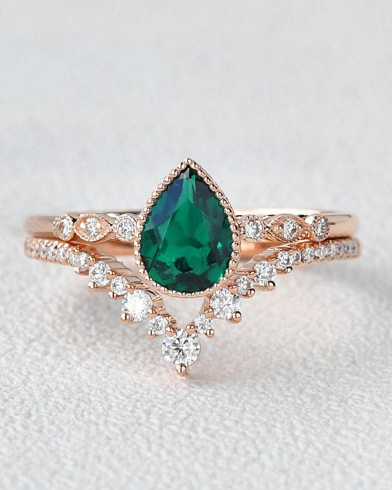 Pear Shaped Lab Emerald Rose Gold Ring Set 2pcs - Felicegals