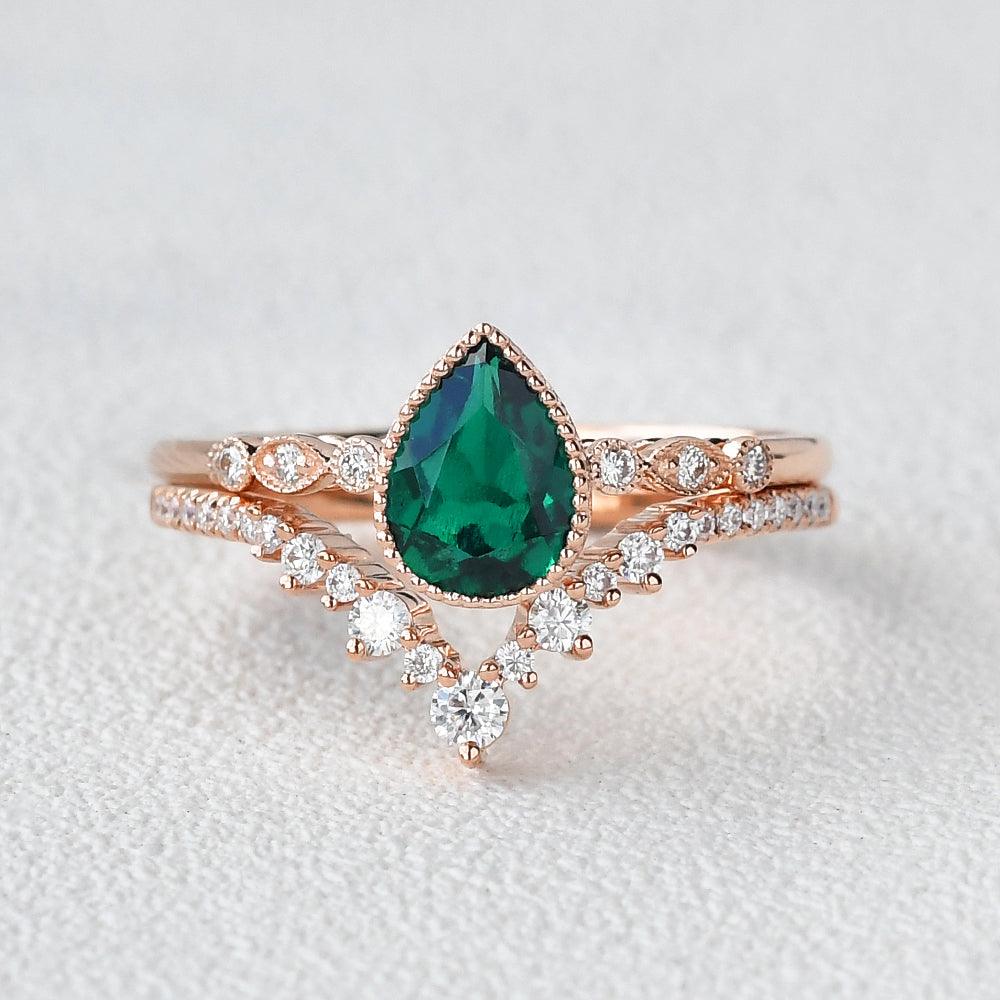 Pear Shaped Lab Emerald Rose Gold Ring Set 2pcs - Felicegals