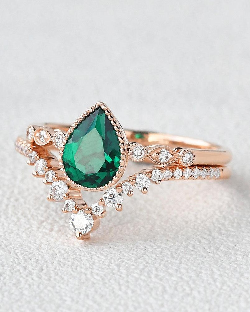Pear Shaped Lab Emerald Rose Gold Ring Set 2pcs - Felicegals