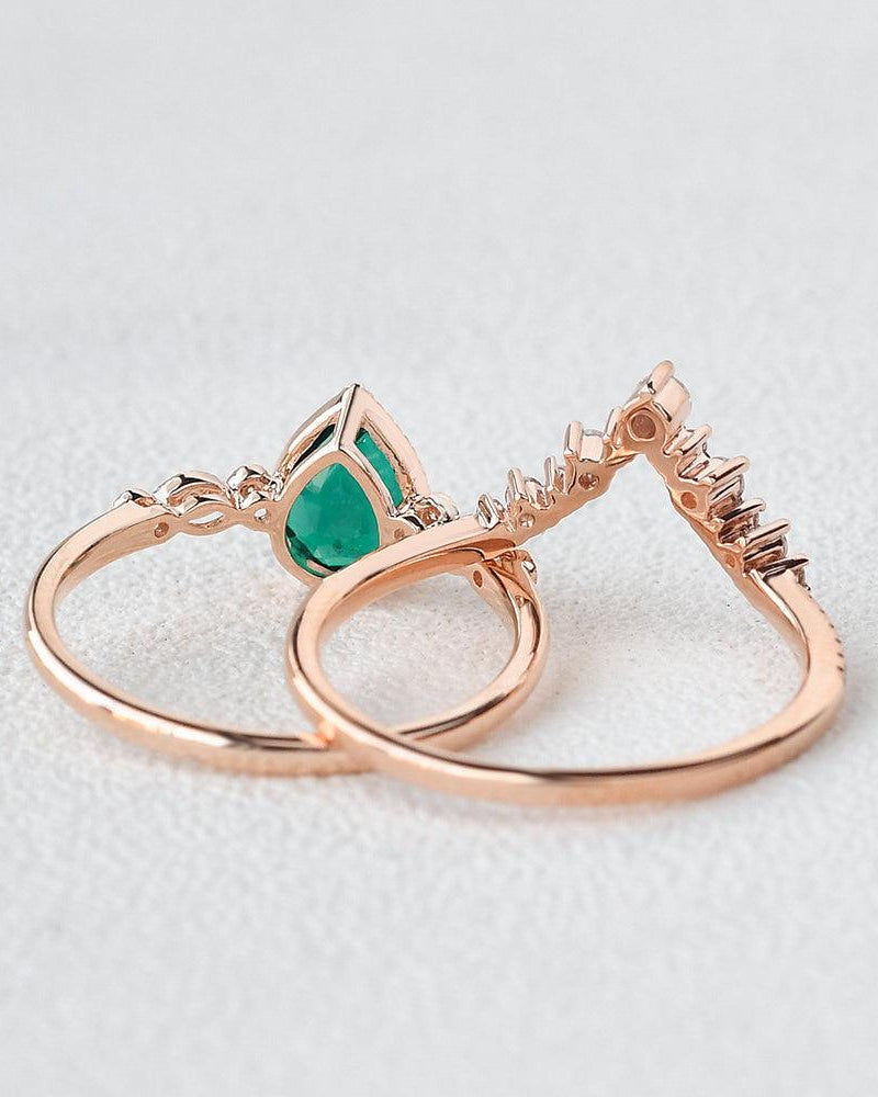 Pear Shaped Lab Emerald Rose Gold Ring Set 2pcs - Felicegals