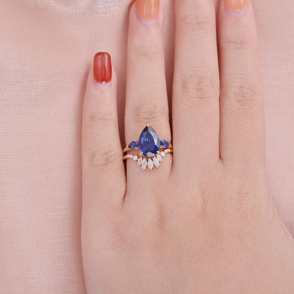 Felicegals Pear Shaped Sapphire & Opal Three-stone Ring Set 2pcs - Felicegals 丨Wedding ring 丨Fashion ring 丨Diamond ring 丨Gemstone ring-Jewelry-Felicegals 丨Wedding ring 丨Fashion ring 丨Diamond ring 丨Gemstone ring