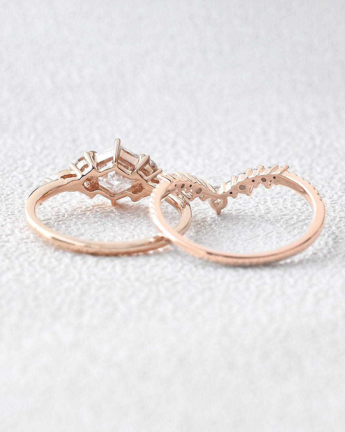 Vintage Hexagon Cut Moss Agate Engagement Ring Set 2pcs - Felicegals 丨Wedding ring 丨Fashion ring 丨Diamond ring 丨Gemstone ring