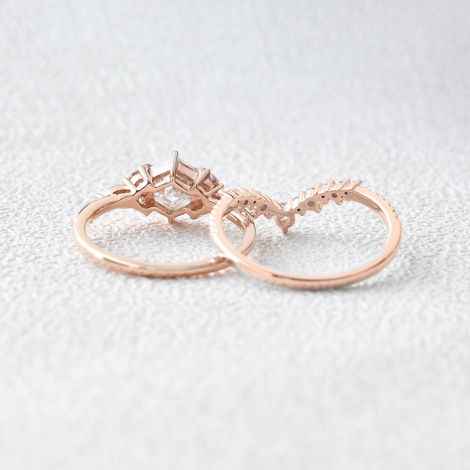 Vintage Hexagon Cut Moss Agate Engagement Ring Set 2pcs - Felicegals 丨Wedding ring 丨Fashion ring 丨Diamond ring 丨Gemstone ring