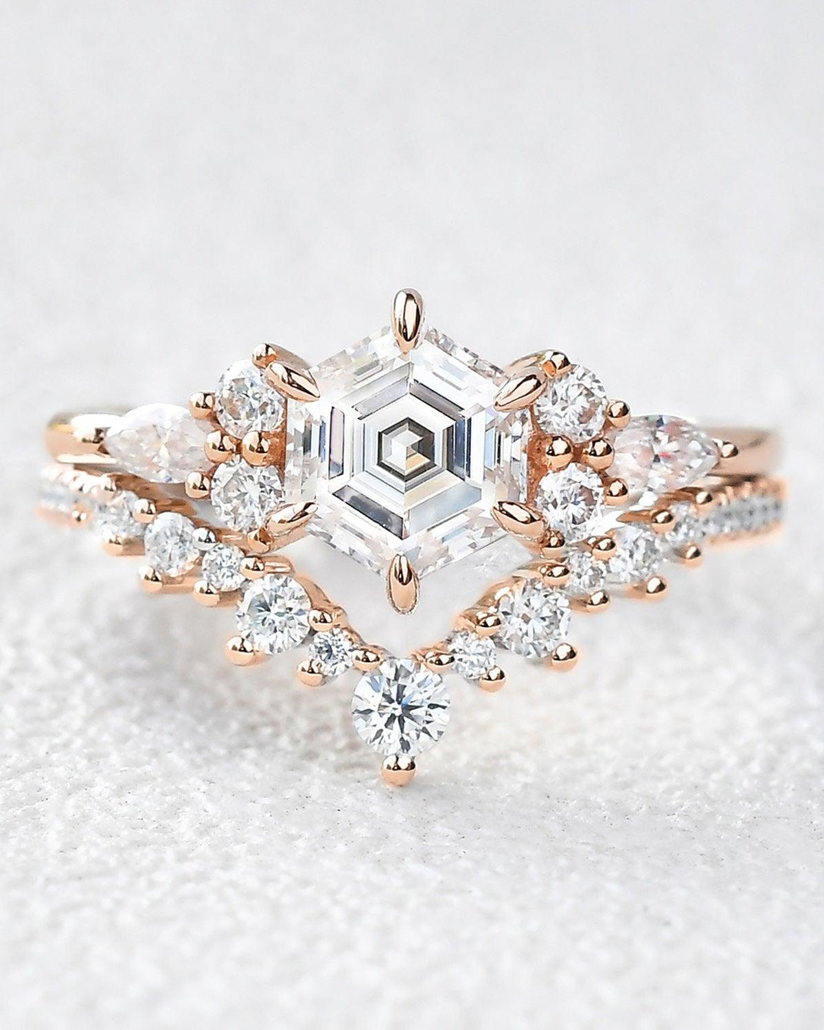 Vintage Hexagon Cut Moss Agate Engagement Ring Set 2pcs - Felicegals 丨Wedding ring 丨Fashion ring 丨Diamond ring 丨Gemstone ring