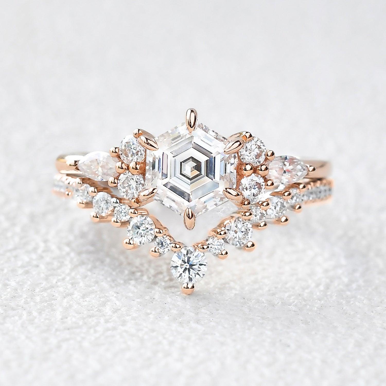 Vintage Hexagon Cut Moss Agate Engagement Ring Set 2pcs - Felicegals 丨Wedding ring 丨Fashion ring 丨Diamond ring 丨Gemstone ring