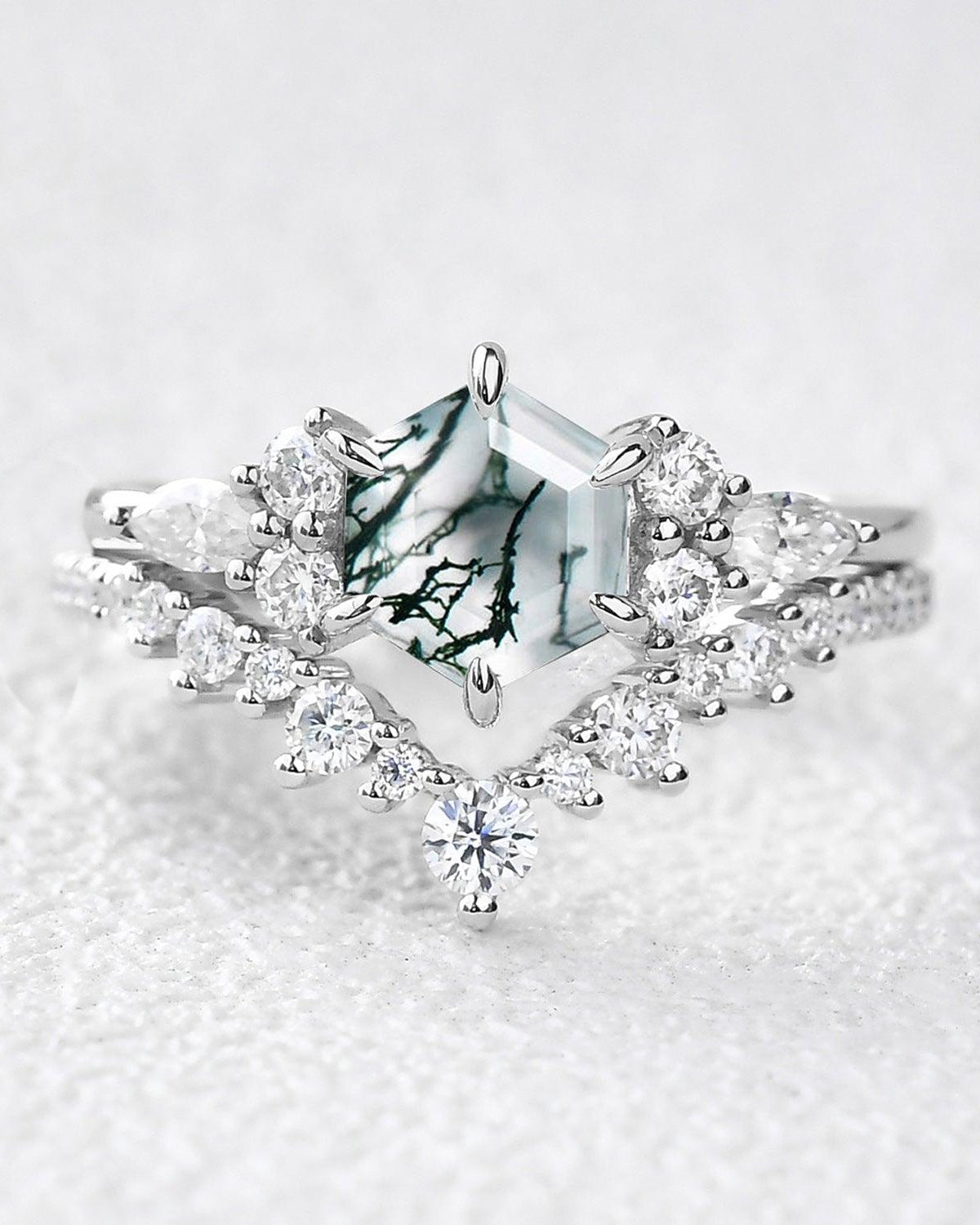 Vintage Hexagon Cut Moss Agate Engagement Ring Set 2pcs - Felicegals 丨Wedding ring 丨Fashion ring 丨Diamond ring 丨Gemstone ring