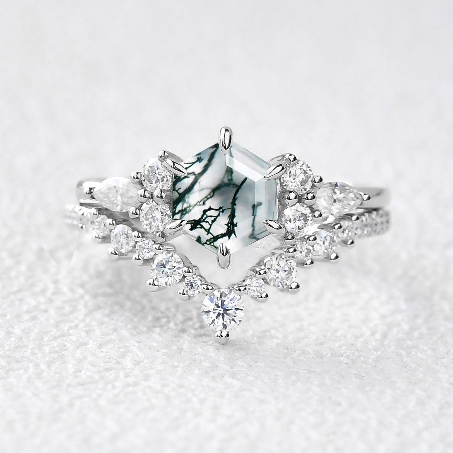 Vintage Hexagon Cut Moss Agate Engagement Ring Set 2pcs - Felicegals 丨Wedding ring 丨Fashion ring 丨Diamond ring 丨Gemstone ring