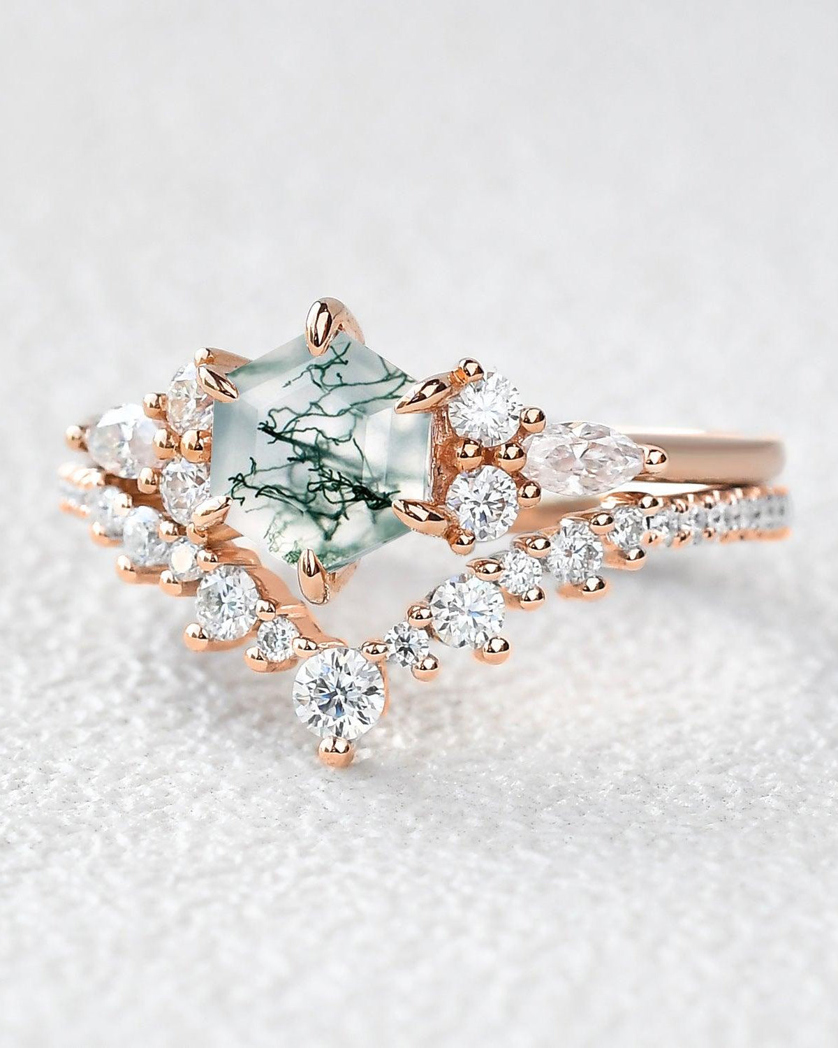 Vintage Hexagon Cut Moss Agate Engagement Ring Set 2pcs - Felicegals 丨Wedding ring 丨Fashion ring 丨Diamond ring 丨Gemstone ring