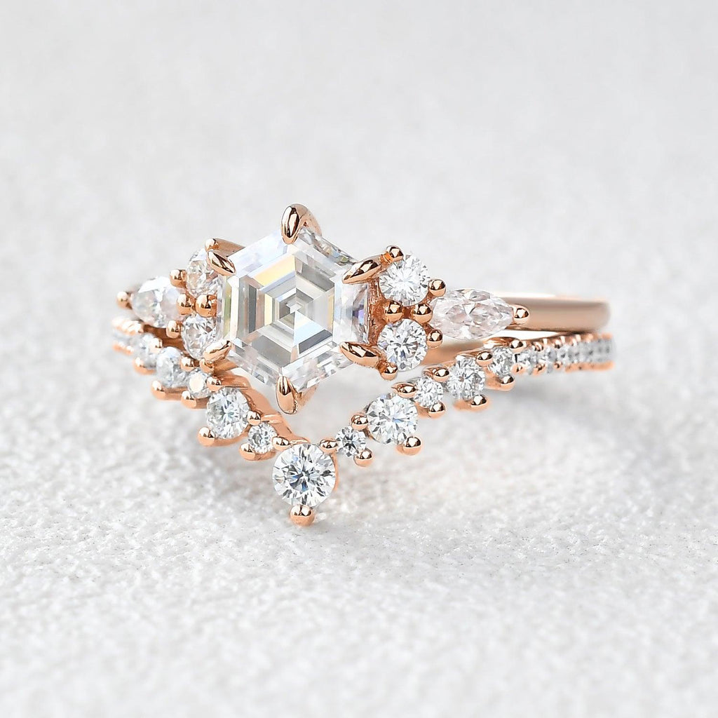 Vintage Hexagon Cut Moss Agate Engagement Ring Set 2pcs - Felicegals 丨Wedding ring 丨Fashion ring 丨Diamond ring 丨Gemstone ring