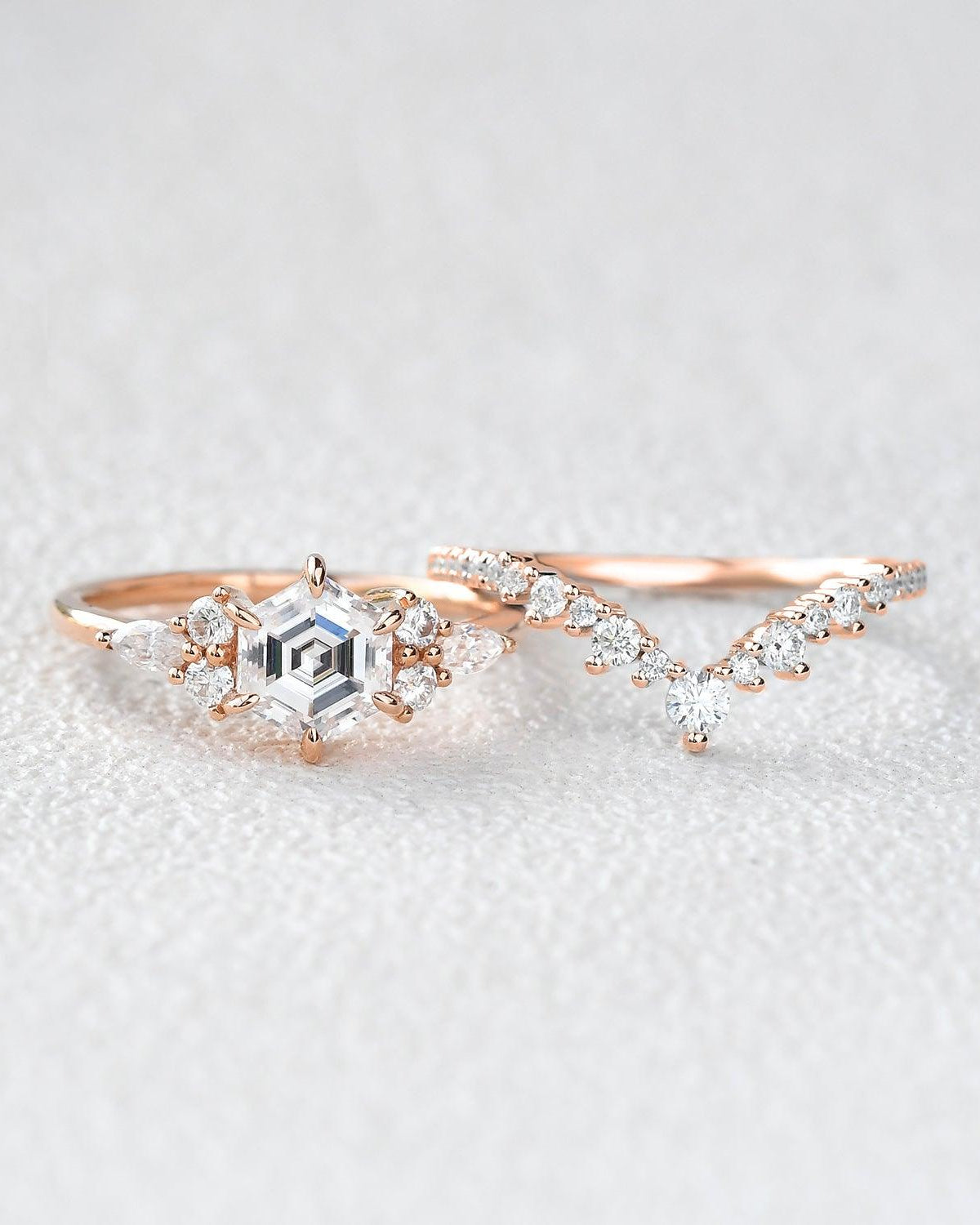 Vintage Hexagon Cut Moss Agate Engagement Ring Set 2pcs - Felicegals 丨Wedding ring 丨Fashion ring 丨Diamond ring 丨Gemstone ring