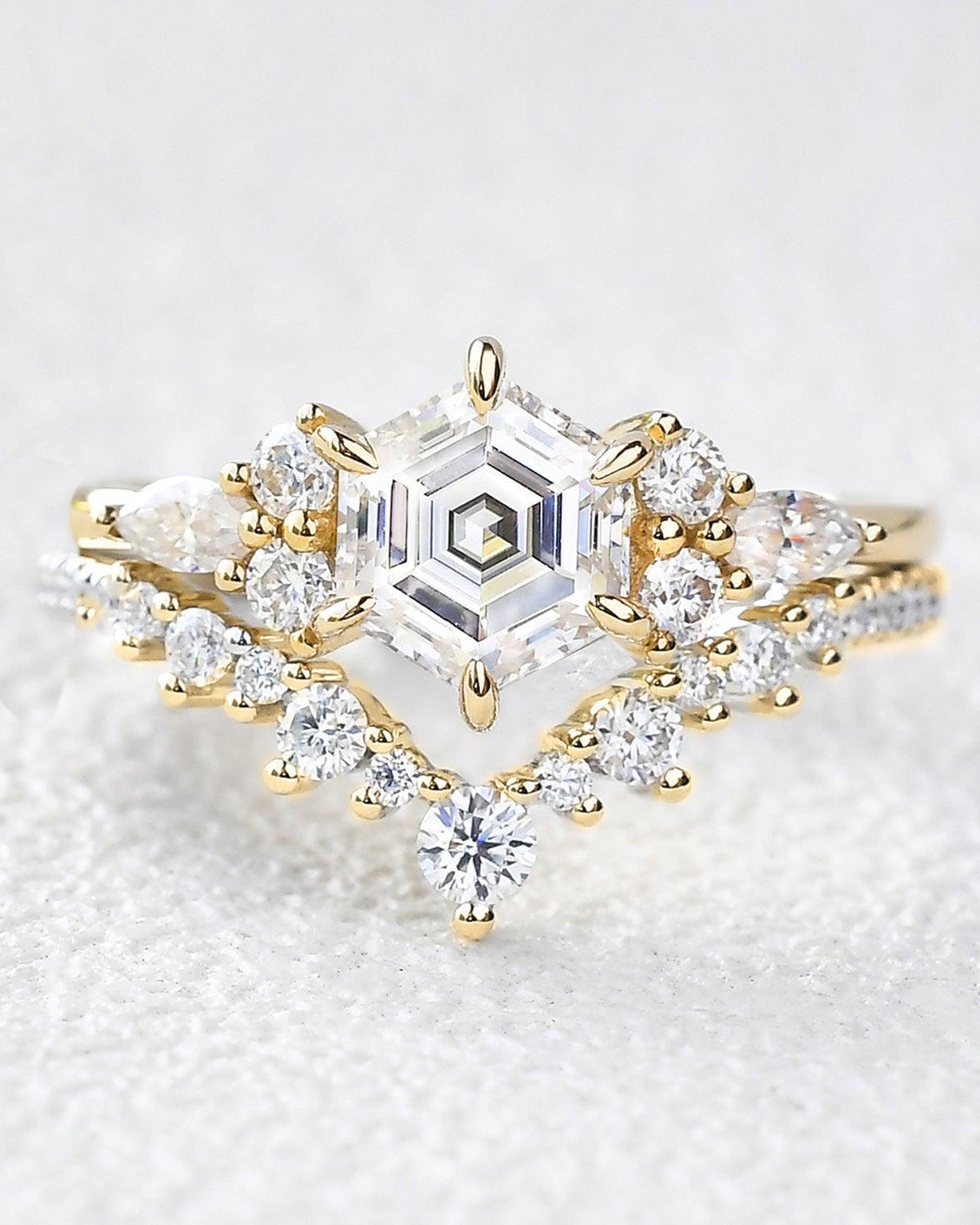 Vintage Hexagon Cut Moss Agate Engagement Ring Set 2pcs - Felicegals 丨Wedding ring 丨Fashion ring 丨Diamond ring 丨Gemstone ring