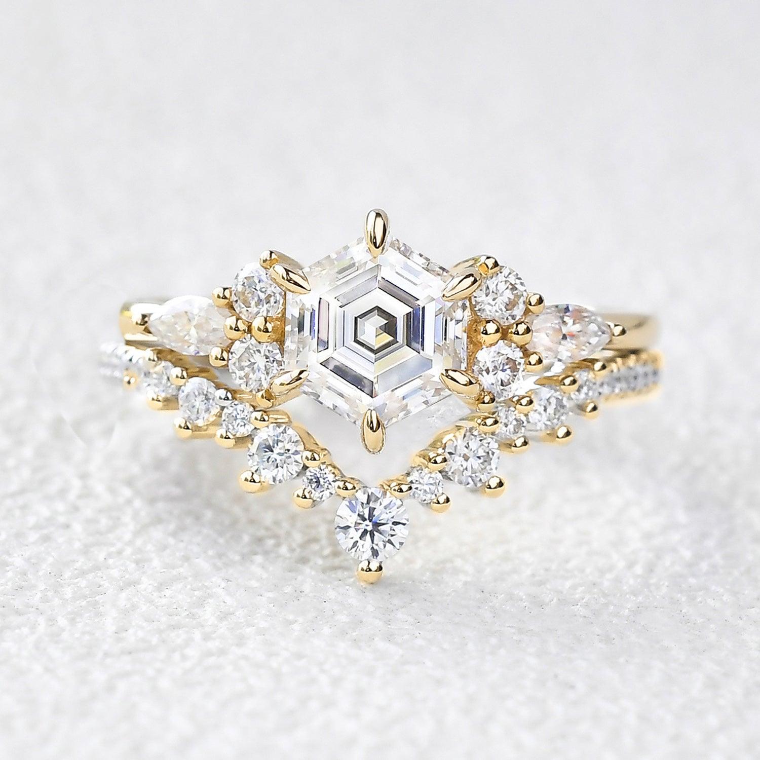 Vintage Hexagon Cut Moss Agate Engagement Ring Set 2pcs - Felicegals 丨Wedding ring 丨Fashion ring 丨Diamond ring 丨Gemstone ring