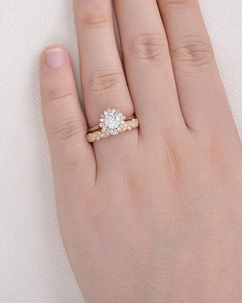 Moissanite Halo Yellow Gold Inspired Ring Set 2pcs - Felicegals