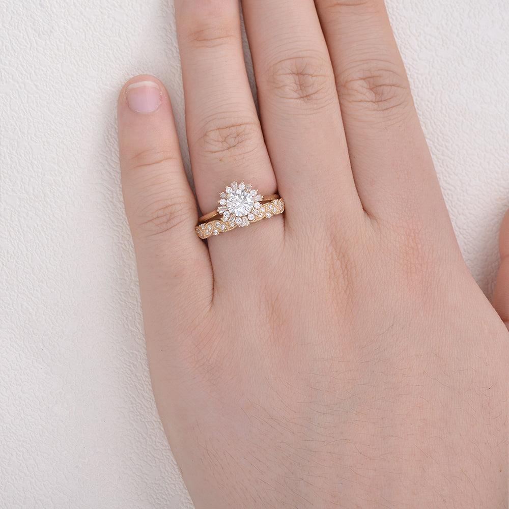 Moissanite Halo Yellow Gold Inspired Ring Set 2pcs - Felicegals