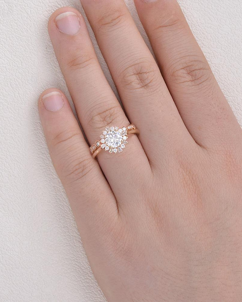 Moissanite & Baguette Zircon Halo Inspired Ring Set 2pcs - Felicegals