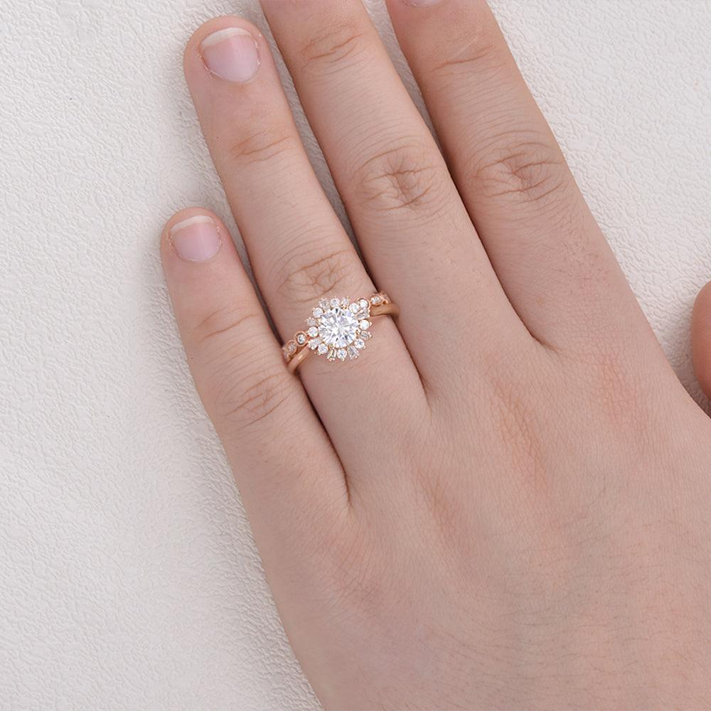 Moissanite & Baguette Zircon Halo Inspired Ring Set 2pcs - Felicegals