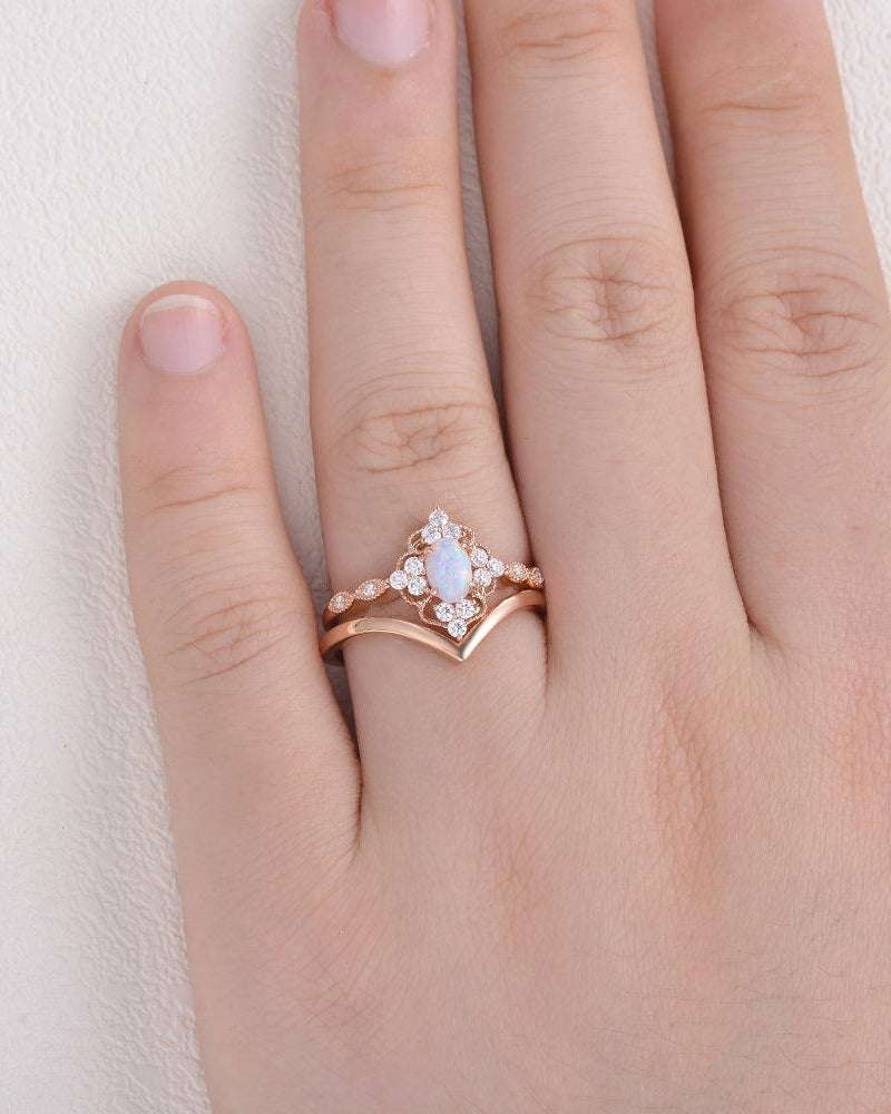 Lab Opal Vintage Inspired Ring Set 2pcs - Felicegals