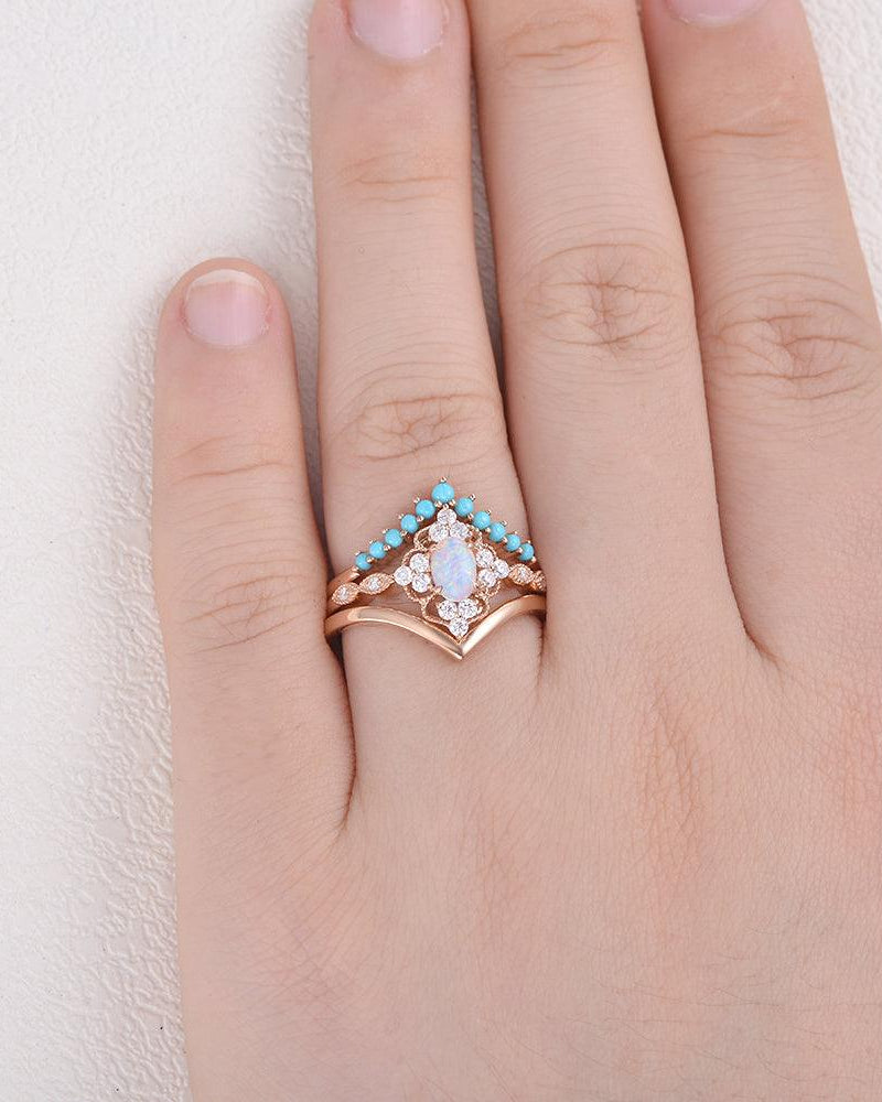 Lab Opal & Turquoise Vintage Inspired Ring Set 3pcs - Felicegals