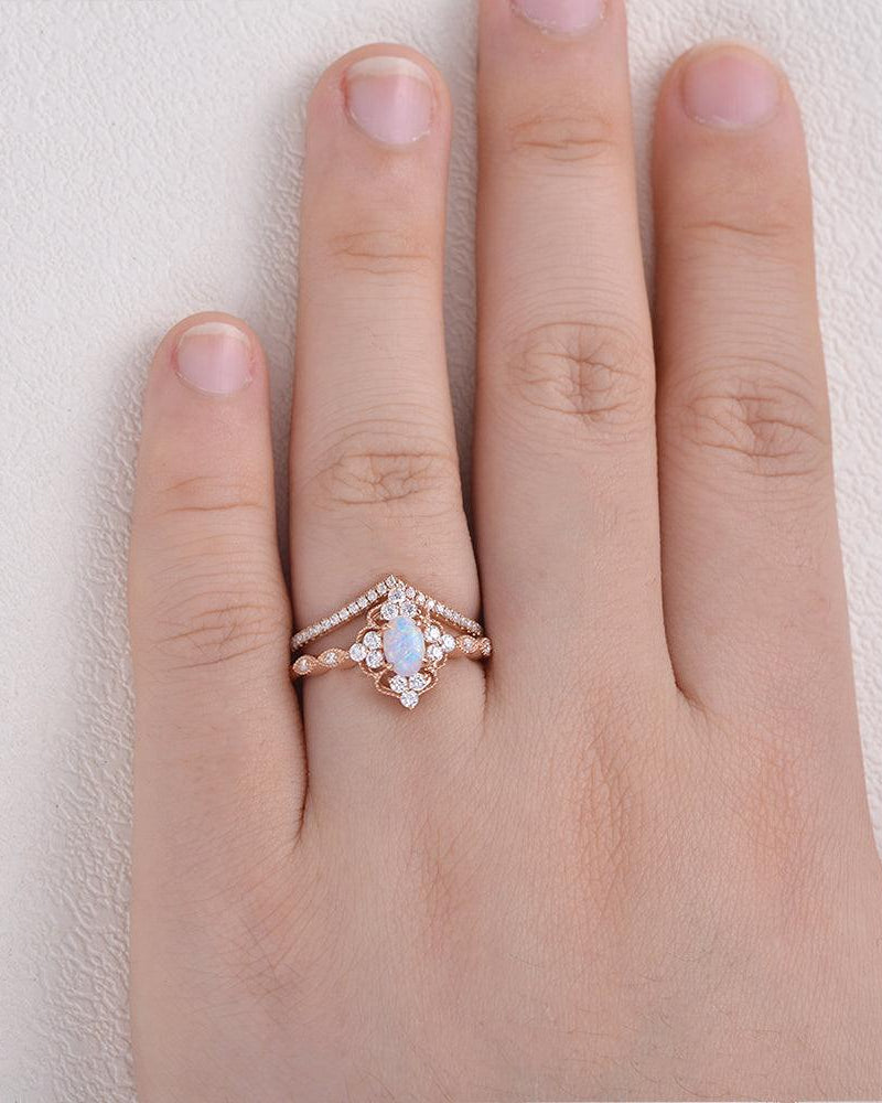 Lab Opal & Moissanite Vintage Inspired Ring Set 2pcs - Felicegals