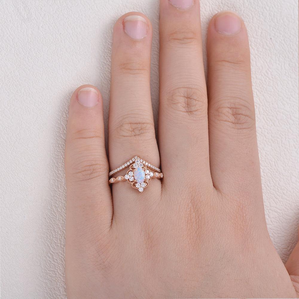 Lab Opal & Moissanite Vintage Inspired Ring Set 2pcs - Felicegals