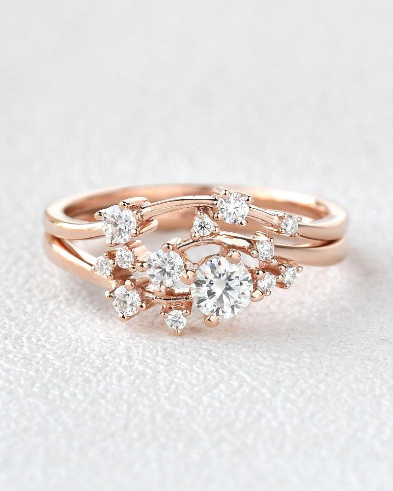 Cluster Moissanite Rose Gold Wedding Ring Set 2pcs - Felicegals
