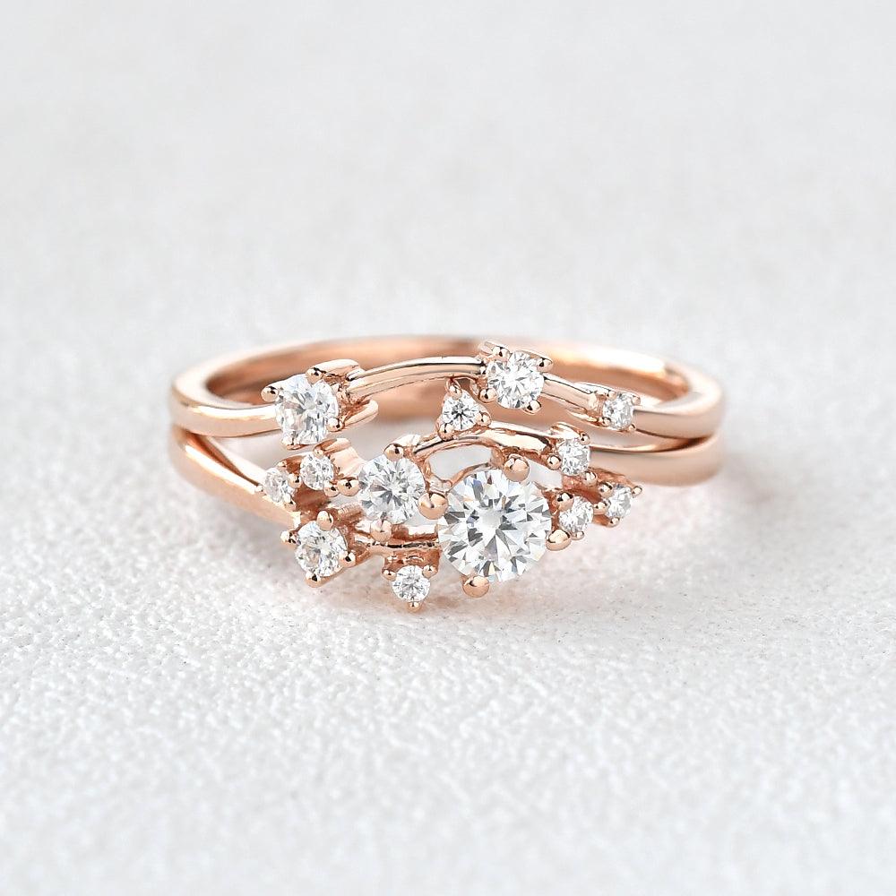 Cluster Moissanite Rose Gold Wedding Ring Set 2pcs - Felicegals