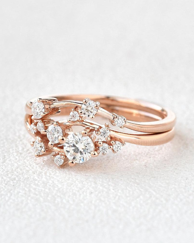 Cluster Moissanite Rose Gold Wedding Ring Set 2pcs - Felicegals