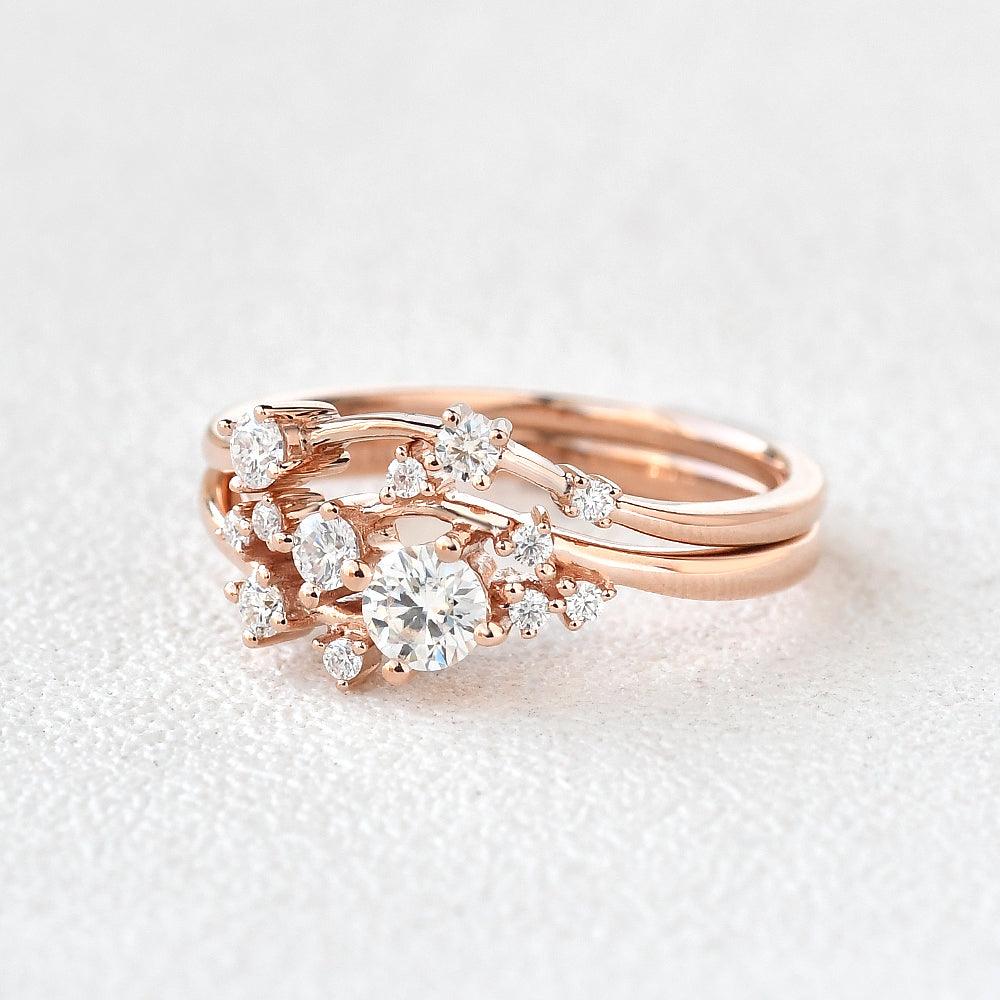 Cluster Moissanite Rose Gold Wedding Ring Set 2pcs - Felicegals
