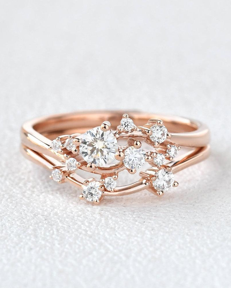 Cluster Moissanite Rose Gold Wedding Ring Set 2pcs - Felicegals