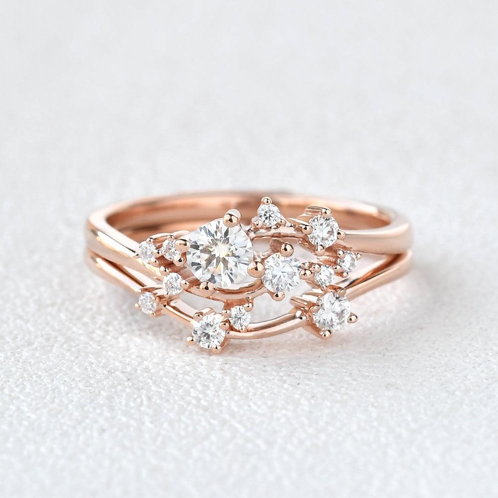 Cluster Moissanite Rose Gold Wedding Ring Set 2pcs - Felicegals