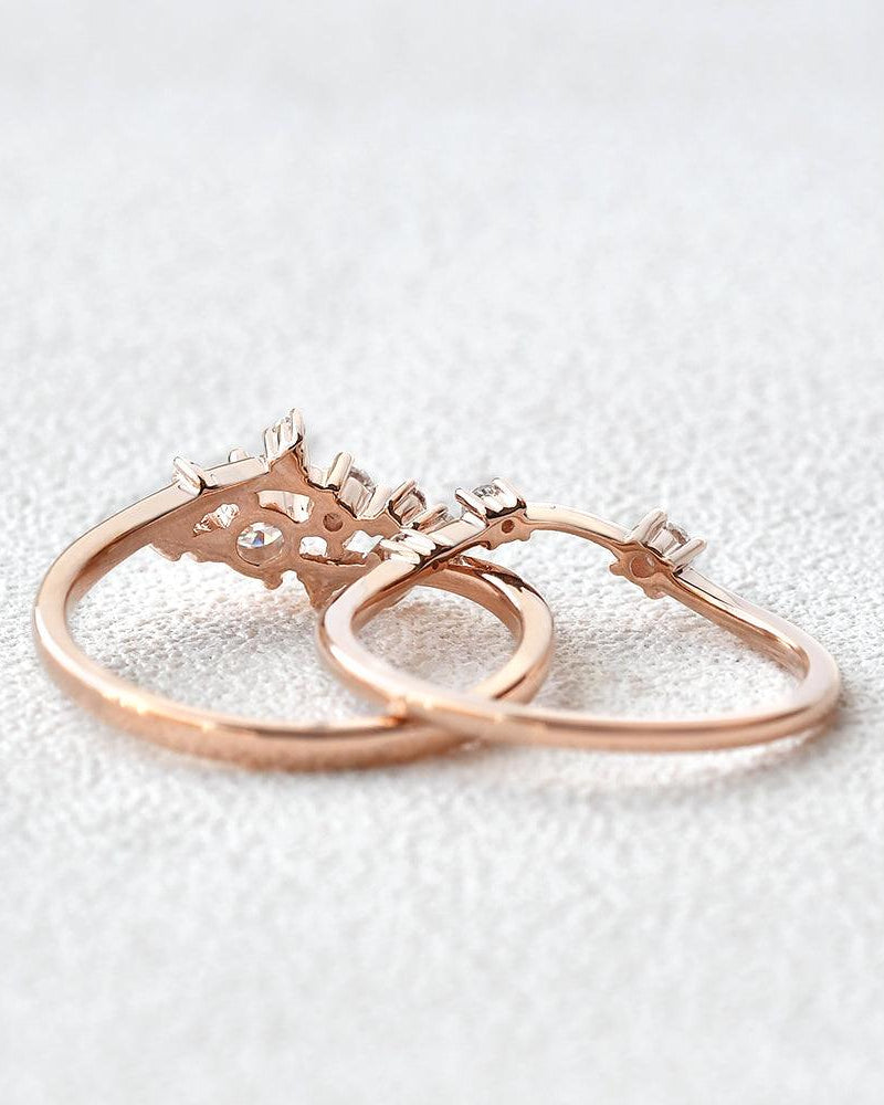 Cluster Moissanite Rose Gold Wedding Ring Set 2pcs - Felicegals