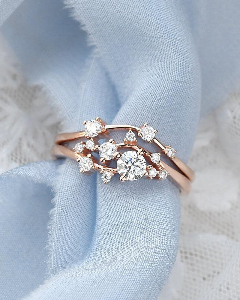 Cluster Moissanite Rose Gold Wedding Ring Set 2pcs - Felicegals