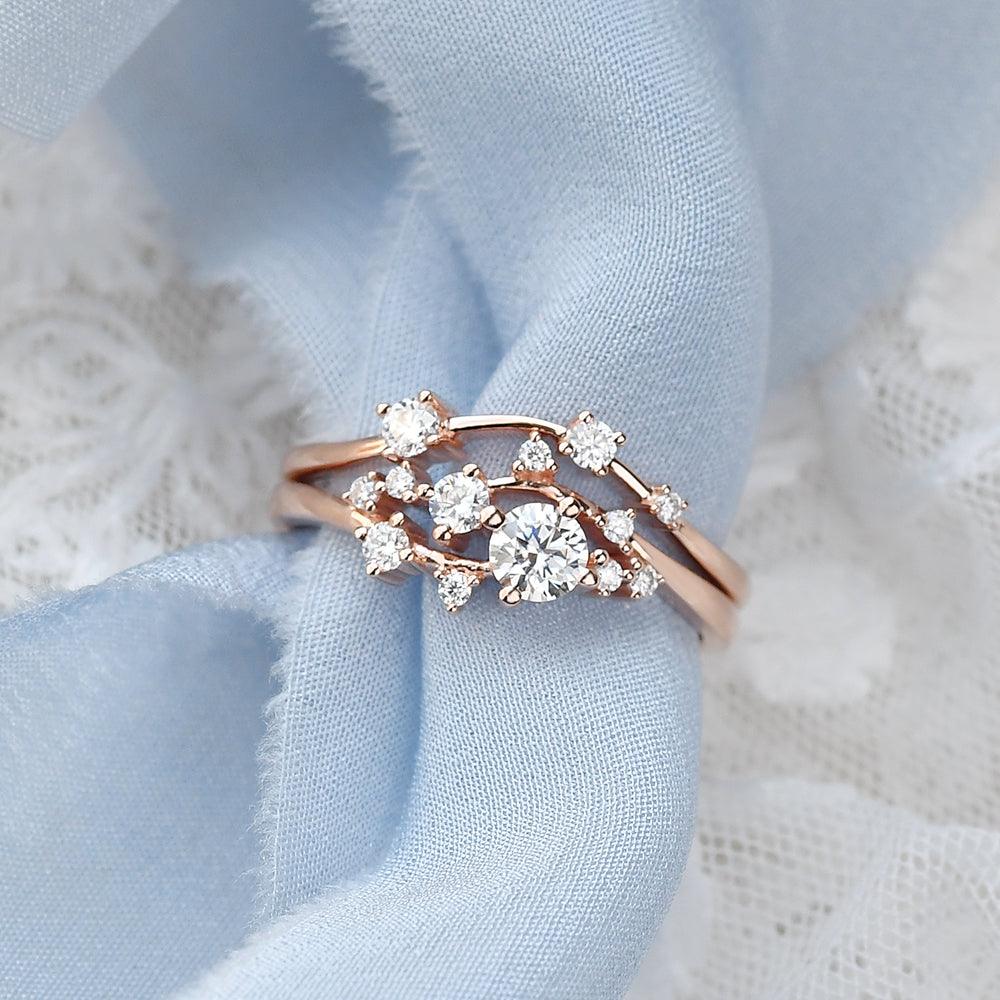 Cluster Moissanite Rose Gold Wedding Ring Set 2pcs - Felicegals