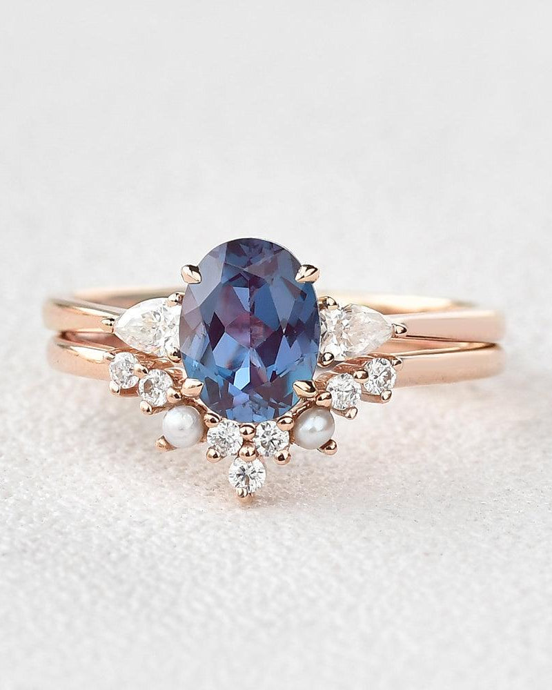 Alexandrite & Moissanite & Pearl Rose Gold Ring Set 2pcs - Felicegals 丨Wedding ring 丨Fashion ring 丨Diamond ring 丨Gemstone ring--Felicegals