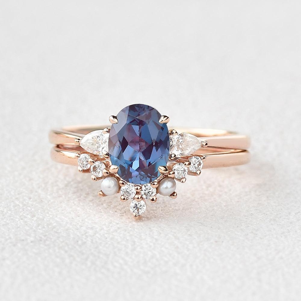 Alexandrite & Moissanite & Pearl Rose Gold Ring Set 2pcs - Felicegals 丨Wedding ring 丨Fashion ring 丨Diamond ring 丨Gemstone ring--Felicegals