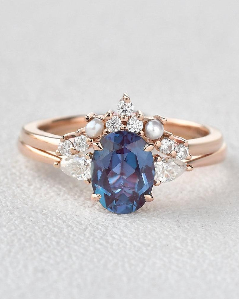 Alexandrite & Moissanite & Pearl Rose Gold Ring Set 2pcs - Felicegals 丨Wedding ring 丨Fashion ring 丨Diamond ring 丨Gemstone ring--Felicegals