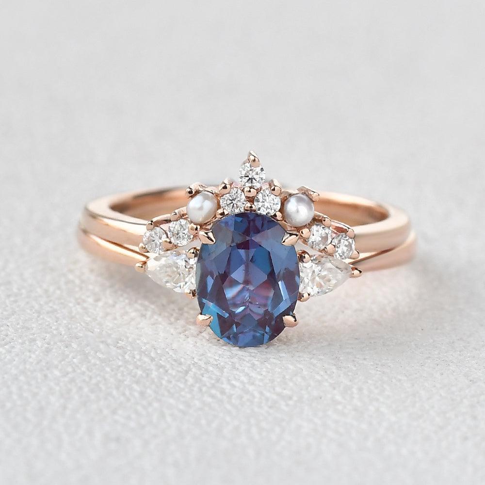 Alexandrite & Moissanite & Pearl Rose Gold Ring Set 2pcs - Felicegals 丨Wedding ring 丨Fashion ring 丨Diamond ring 丨Gemstone ring--Felicegals