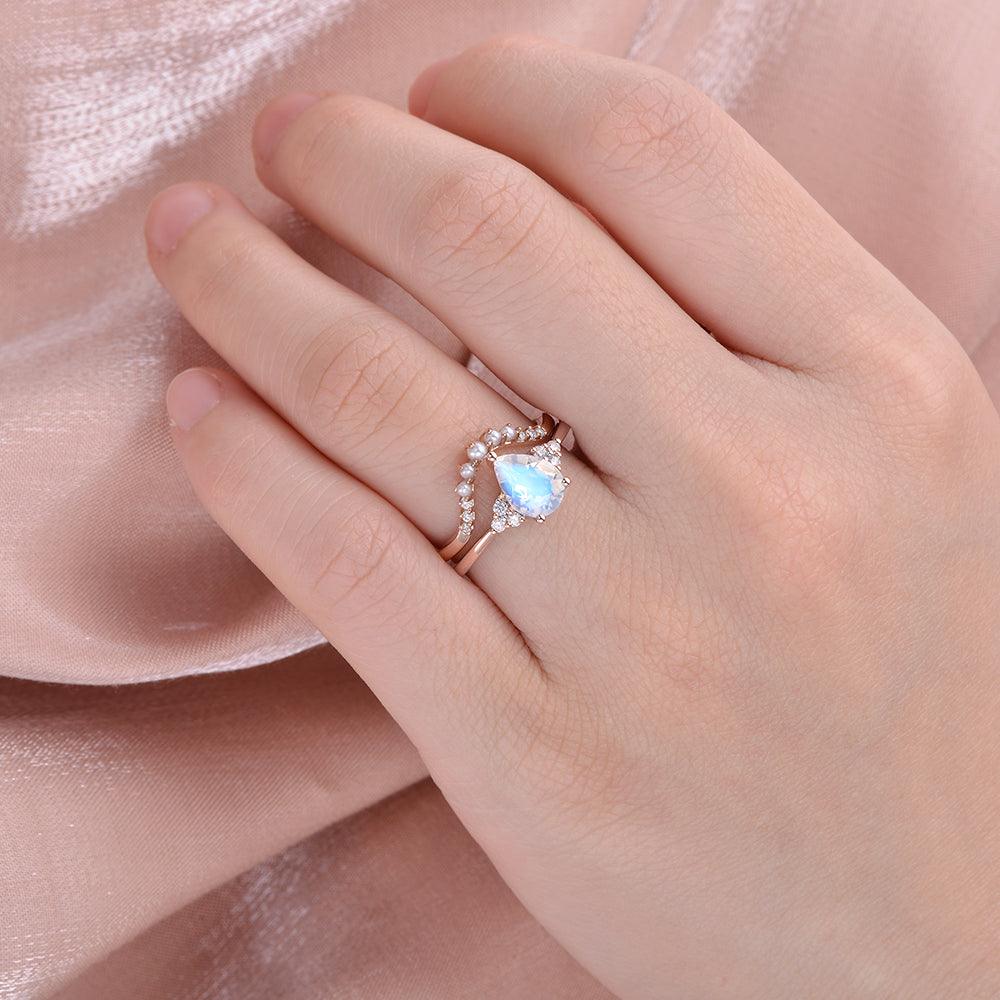 Pear Shaped Moonstone & Pearl Vintage Inspired Ring Set 2pcs - Felicegals 丨Wedding ring 丨Fashion ring 丨Diamond ring 丨Gemstone ring--Felicegals 丨Wedding ring 丨Fashion ring 丨Diamond ring 丨Gemstone ring