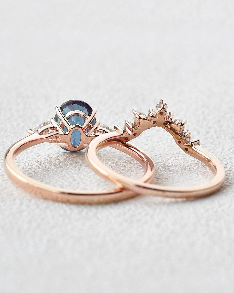 Alexandrite & Moissanite & Pearl Rose Gold Ring Set 2pcs - Felicegals 丨Wedding ring 丨Fashion ring 丨Diamond ring 丨Gemstone ring--Felicegals