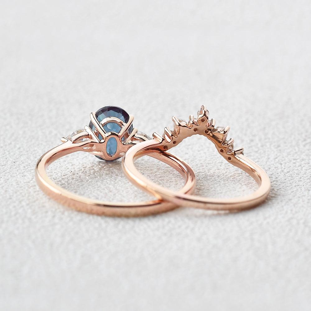 Alexandrite & Moissanite & Pearl Rose Gold Ring Set 2pcs - Felicegals 丨Wedding ring 丨Fashion ring 丨Diamond ring 丨Gemstone ring--Felicegals