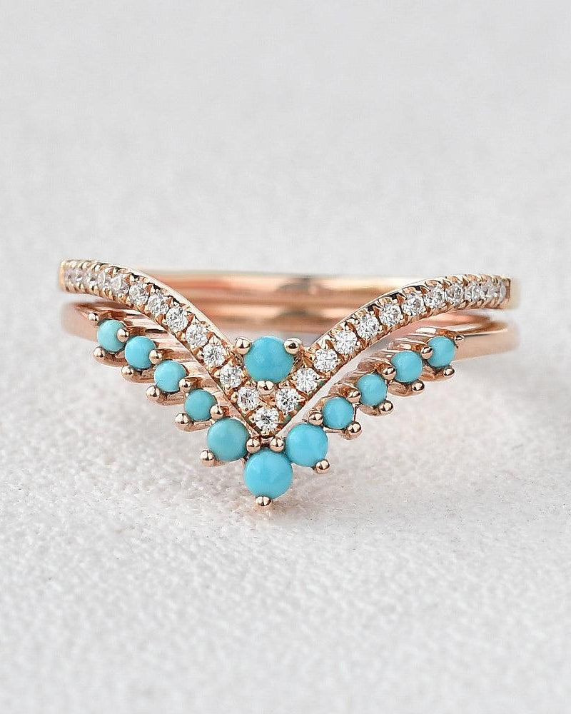 Turquoise & Moissanite Chevron Rose Gold Wedding Band Sets 2pcs - Felicegals 丨Wedding ring 丨Fashion ring 丨Diamond ring 丨Gemstone ring--Felicegals