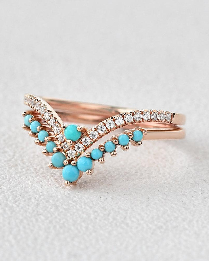 Turquoise & Moissanite Chevron Rose Gold Wedding Band Sets 2pcs - Felicegals 丨Wedding ring 丨Fashion ring 丨Diamond ring 丨Gemstone ring--Felicegals